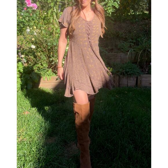 Embroidered lace-up mini dress Brown cocoa Boho Festival Forest - Picture 3 of 9